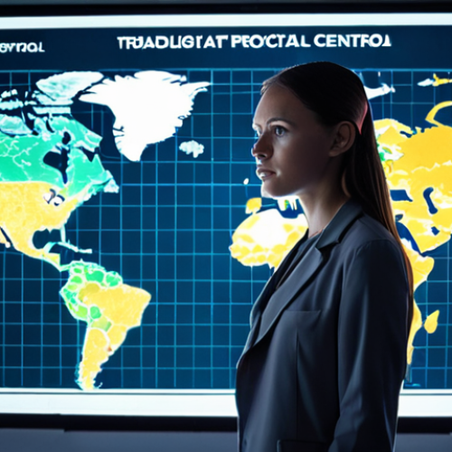 **Prompt:** A highly futuristic logistics control center, showcasing a global supply chain map as a transparent, interactive holographic display. Glowing data streams flow across continents, with abstract AI elements like neural networks and predictive analytics symbols emerging from the map, indicating foresight and real-time risk mitigation. A confident logistics professional stands in the foreground, observing the data flow with a sense of proactive control. Emphasize advanced technology, dynamic visuals, and a sense of intelligent anticipation.