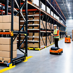 **Prompt:** A bustling, modern warehouse scene at night. Automated Guided Vehicles (AGVs) are moving pallets autonomously between shelves, illuminated by bright, efficient lighting. In the background, a collaborative robot (cobot) works alongside a human worker, assisting with a heavy lifting task. The scene showcases efficiency and teamwork in a cutting-edge logistics environment.