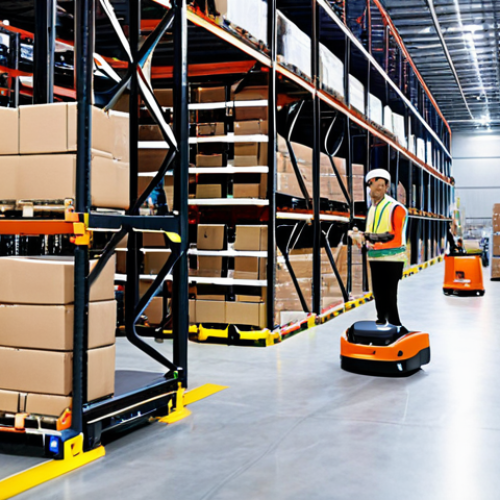 **Prompt:** A bustling, modern warehouse scene at night. Automated Guided Vehicles (AGVs) are moving pallets autonomously between shelves, illuminated by bright, efficient lighting. In the background, a collaborative robot (cobot) works alongside a human worker, assisting with a heavy lifting task. The scene showcases efficiency and teamwork in a cutting-edge logistics environment.