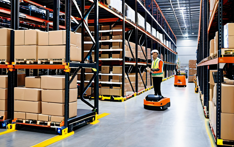**Prompt:** A bustling, modern warehouse scene at night. Automated Guided Vehicles (AGVs) are moving pallets autonomously between shelves, illuminated by bright, efficient lighting. In the background, a collaborative robot (cobot) works alongside a human worker, assisting with a heavy lifting task. The scene showcases efficiency and teamwork in a cutting-edge logistics environment.