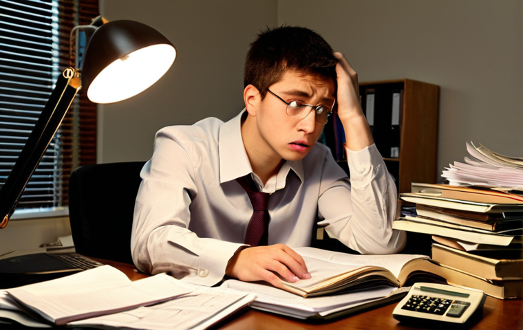 **Image Prompt:** A stressed-looking young professional surrounded by piles of textbooks, practice exams, and bills. A calculator sits open on their desk, displaying complex calculations. The scene is lit by a harsh desk lamp. The overall tone is one of financial strain and academic pressure. Add subtle elements of logistics themes like a shipping label or miniature forklift in the background.