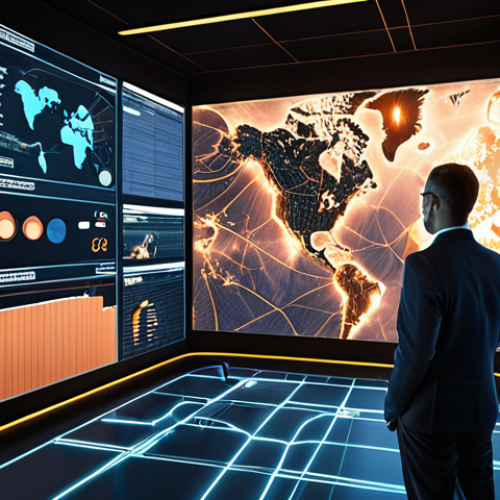 A dynamic, high-angle shot illustrating a complex, interconnected global supply chain. Visualize glowing lines of transport and data flowing between stylized continents and busy logistical hubs (ports, warehouses, factories). Interspersed within this network are abstract representations of volatility and disruption: subtle swirling storm clouds, fluctuating demand spikes, and broken connection points, suggesting unforeseen challenges. In the foreground, a determined and composed logistics manager (diverse gender/ethnicity encouraged) stands as a strategic orchestrator, surrounded by multiple holographic screens displaying intricate real-time dashboards, predictive analytics, and risk assessment maps. The overall aesthetic should convey controlled chaos, emphasizing their indispensable role in navigating uncertainty and ensuring operational resilience and competitive advantage. High detail, strategic, futuristic, cinematic lighting.