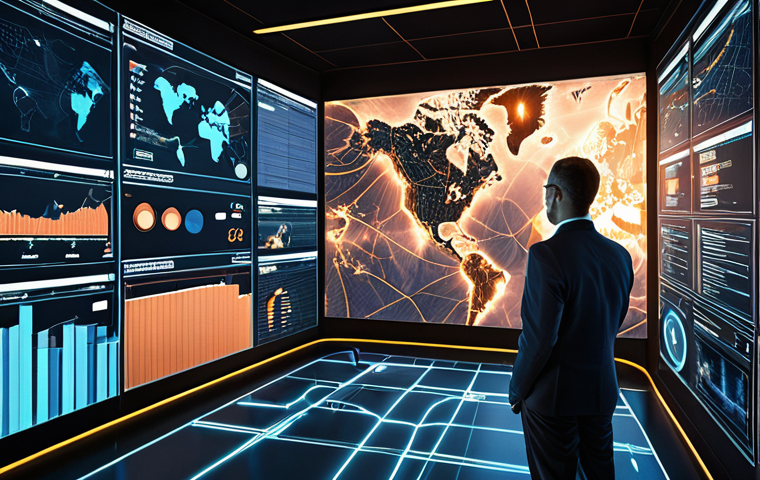 A dynamic, high-angle shot illustrating a complex, interconnected global supply chain. Visualize glowing lines of transport and data flowing between stylized continents and busy logistical hubs (ports, warehouses, factories). Interspersed within this network are abstract representations of volatility and disruption: subtle swirling storm clouds, fluctuating demand spikes, and broken connection points, suggesting unforeseen challenges. In the foreground, a determined and composed logistics manager (diverse gender/ethnicity encouraged) stands as a strategic orchestrator, surrounded by multiple holographic screens displaying intricate real-time dashboards, predictive analytics, and risk assessment maps. The overall aesthetic should convey controlled chaos, emphasizing their indispensable role in navigating uncertainty and ensuring operational resilience and competitive advantage. High detail, strategic, futuristic, cinematic lighting.