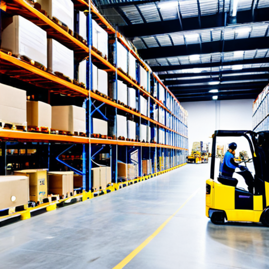 Optimized Warehouse Layout**
"A brightly lit, organized warehouse interior showcasing efficient material flow. Forklifts move pallets between clearly marked receiving and shipping zones. Shelving is neatly arranged with diverse product types. Workers in safety vests are actively picking orders. Safe for work, appropriate content, fully clothed workers, professional warehouse environment, perfect anatomy, correct proportions, natural pose, professional photography, high quality, family-friendly."
**