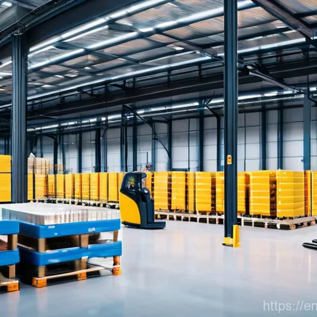 물류관리사 물류 프로세스 이해 - A wide-angle, bright, and modern logistics warehouse interior. The space is exceptionally clean and ...