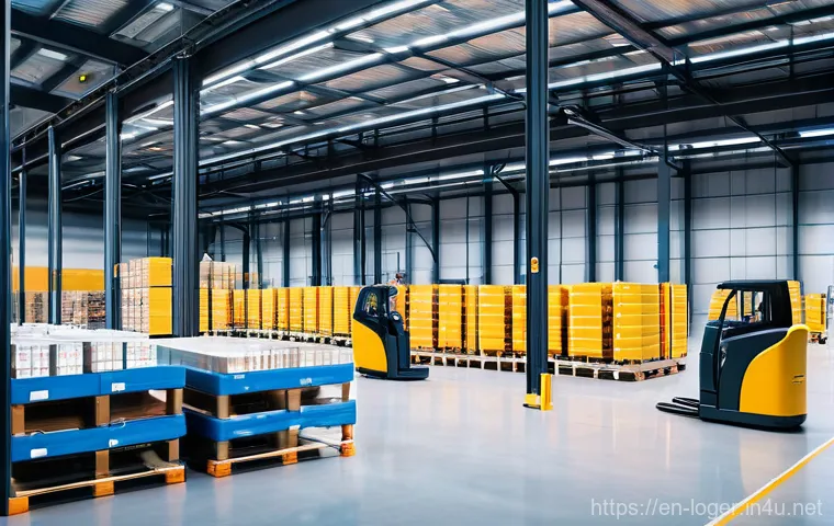 물류관리사 물류 프로세스 이해 - A wide-angle, bright, and modern logistics warehouse interior. The space is exceptionally clean and ...