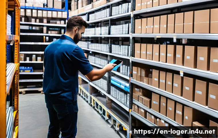 물류관리사 물류 시스템 최적화 - A modern warehouse interior featuring workers using handheld barcode scanners and RFID technology to...