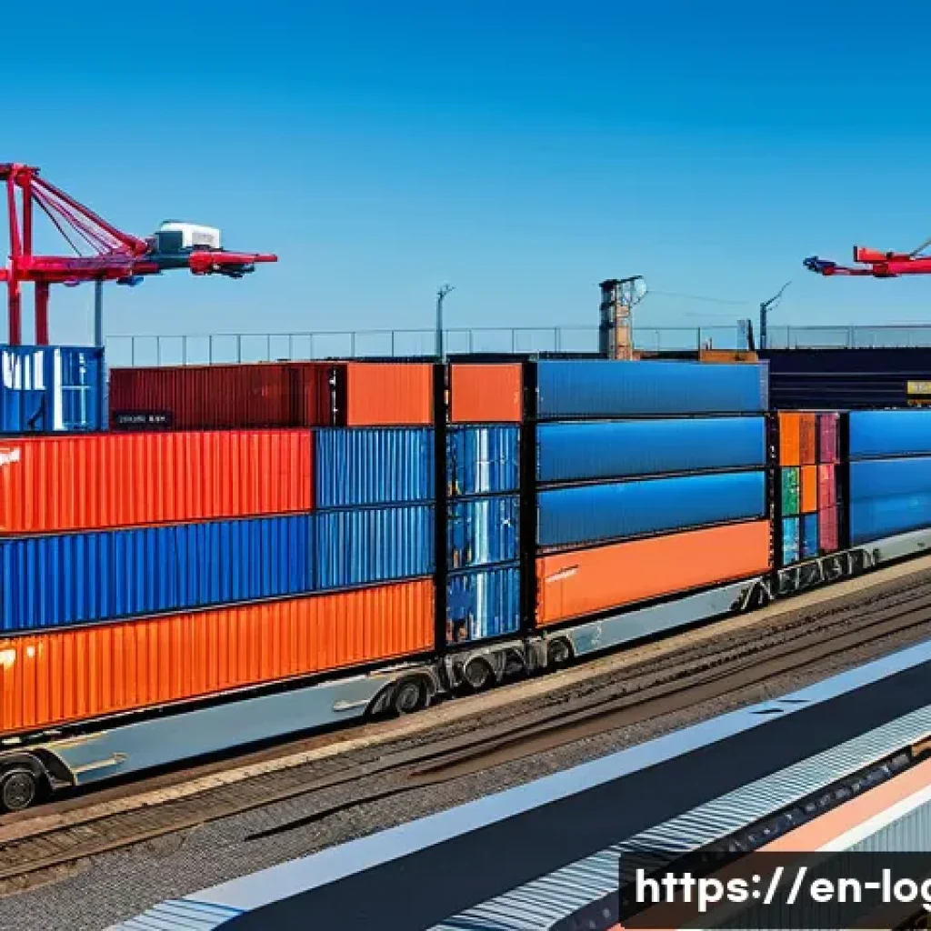 물류관리사와 철도 물류 사례 - A modern rail freight terminal bustling with activity during daylight, featuring multiple freight tr...