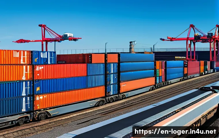 물류관리사와 철도 물류 사례 - A modern rail freight terminal bustling with activity during daylight, featuring multiple freight tr...