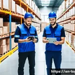 물류관리사 ERP 시스템 활용법 - A modern warehouse interior bustling with activity, featuring workers scanning barcodes on packages ...