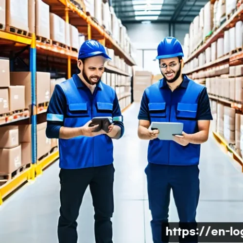 물류관리사 ERP 시스템 활용법 - A modern warehouse interior bustling with activity, featuring workers scanning barcodes on packages ...