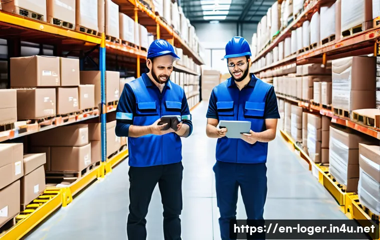 물류관리사 ERP 시스템 활용법 - A modern warehouse interior bustling with activity, featuring workers scanning barcodes on packages ...