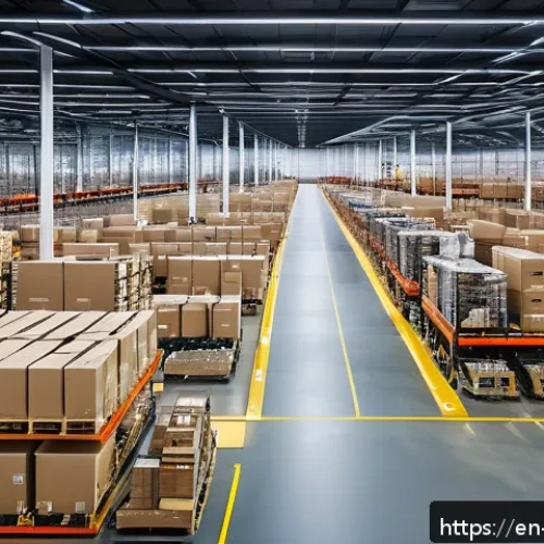 물류관리사 스마트 물류 기술 - A modern warehouse interior bustling with activity, featuring rows of shelves equipped with glowing ...
