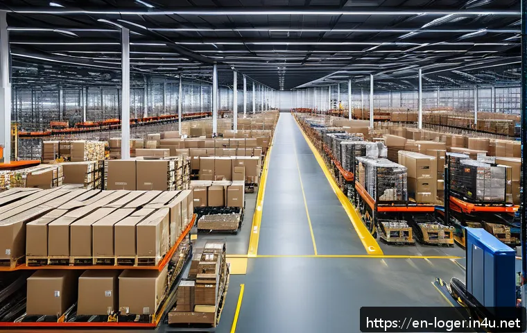물류관리사 스마트 물류 기술 - A modern warehouse interior bustling with activity, featuring rows of shelves equipped with glowing ...