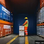 물류관리사 해상운송 프로세스 - A highly detailed scene inside a large shipping container being efficiently packed with various carg...