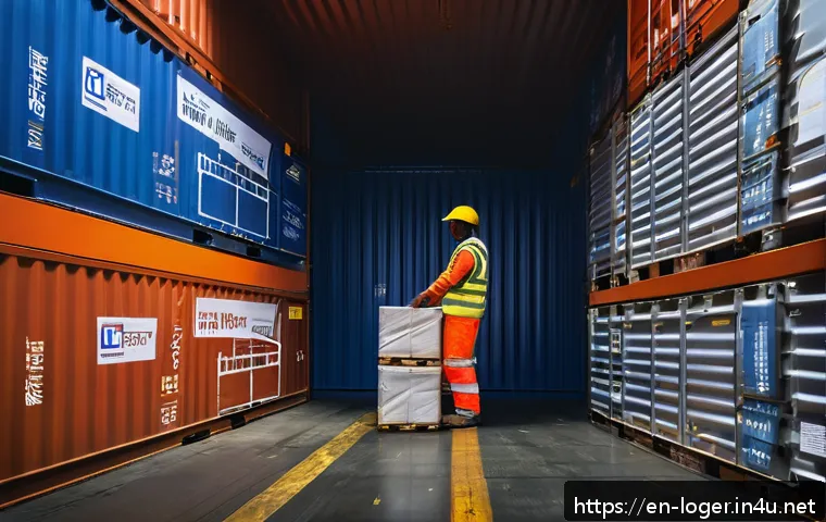 물류관리사 해상운송 프로세스 - A highly detailed scene inside a large shipping container being efficiently packed with various carg...