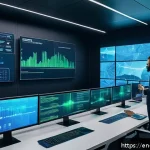 물류관리사와 블록체인 물류 - A futuristic supply chain control room with diverse professionals collaborating around large transpa...