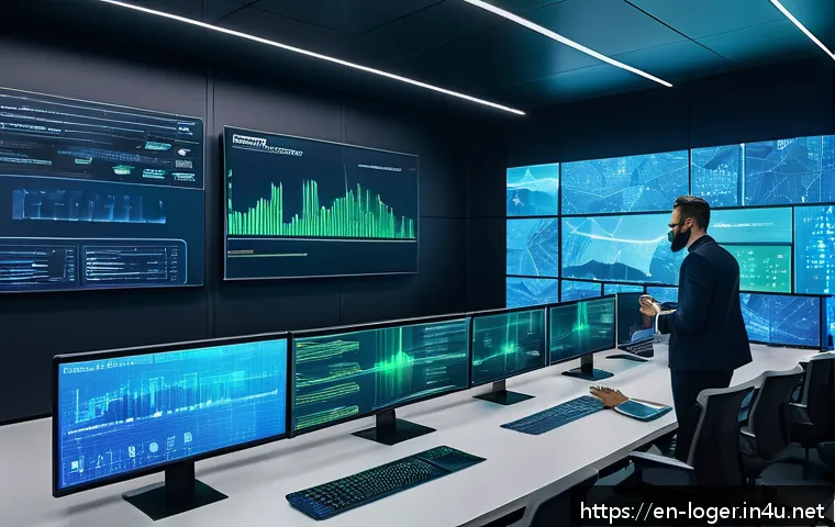 물류관리사와 블록체인 물류 - A futuristic supply chain control room with diverse professionals collaborating around large transpa...