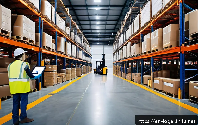 물류관리사와 창고 입출고 관리 - A modern warehouse receiving area bustling with activity: warehouse workers wearing safety vests and...