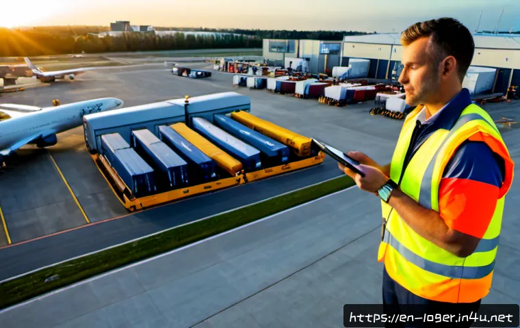 물류관리사와 물류 허브 공항 사례 - Photorealistic airport cargo operations manager in a high-visibility safety vest reviewing a tablet ...